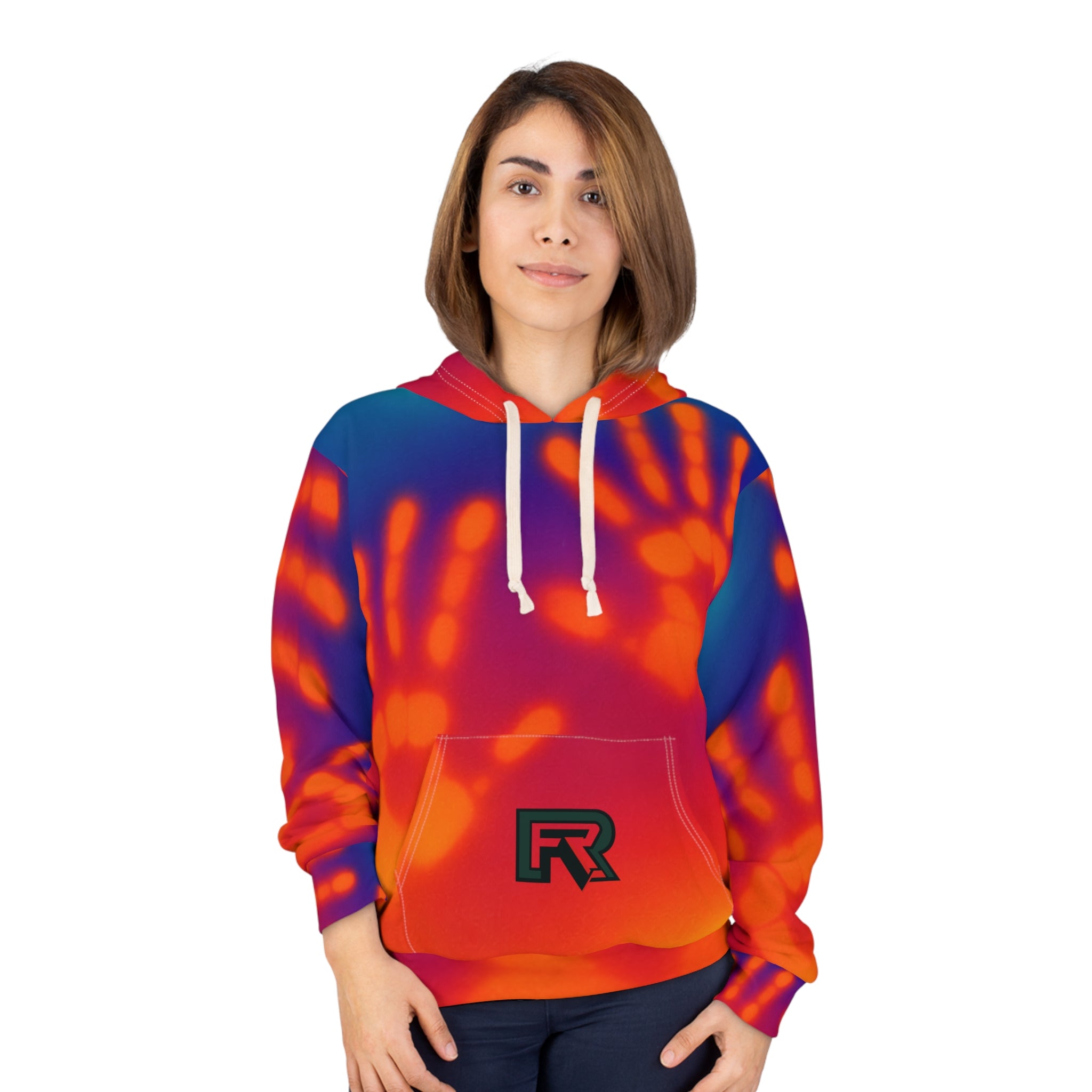 Handprint Tie-Dye Hoodie — Vibrant Neon Palm Print Pullover
