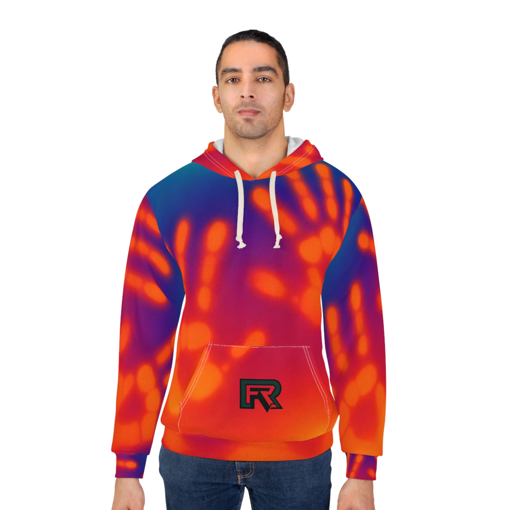Handprint Tie-Dye Hoodie — Vibrant Neon Palm Print Pullover